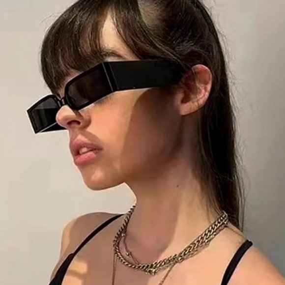 Black Small Thin Narrow Square Fashion Old School Unisex Mens Womens Sunglasses - Picture 7 of 9